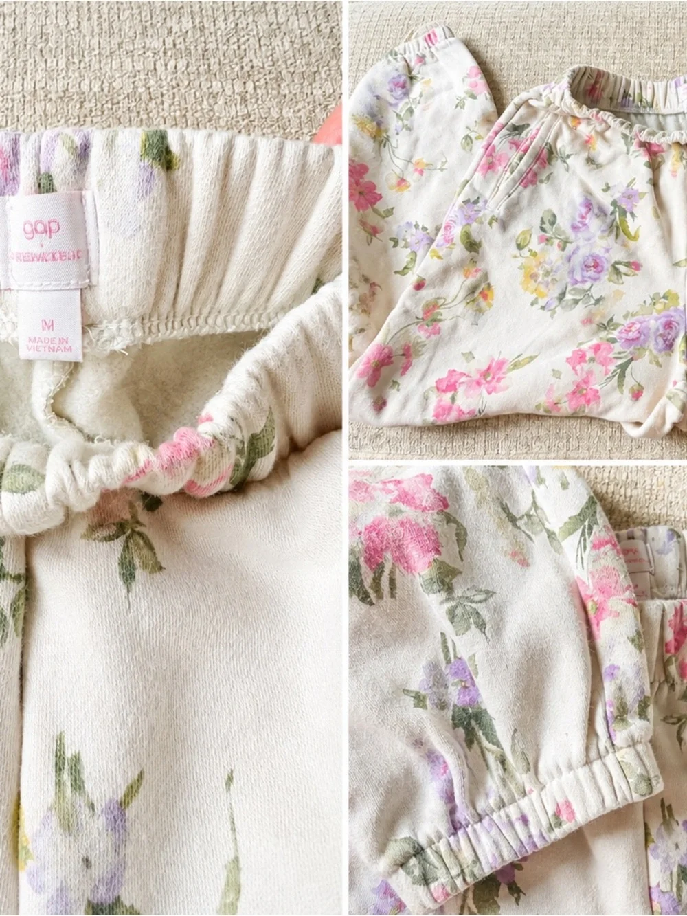 GAP Cream Floral Jogger Pants with Pink & Lavender Flowers